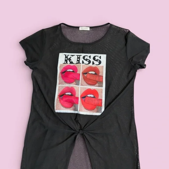 Black Graphic T-Shirt Dress with Lip Print - Picture 2 of 2